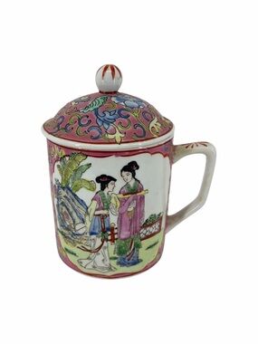Chinese Porcelain Lidded Tea Mug Famille Rose Style Pink Floral Asian Cup w Lid